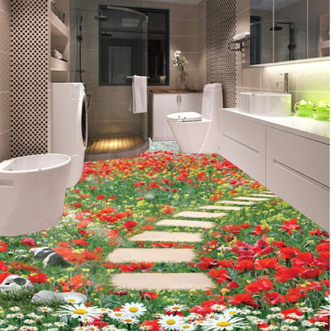 Murales decorativos para el suelo en 3D para el hogar con patrón de camino de piedra y flores preciosas