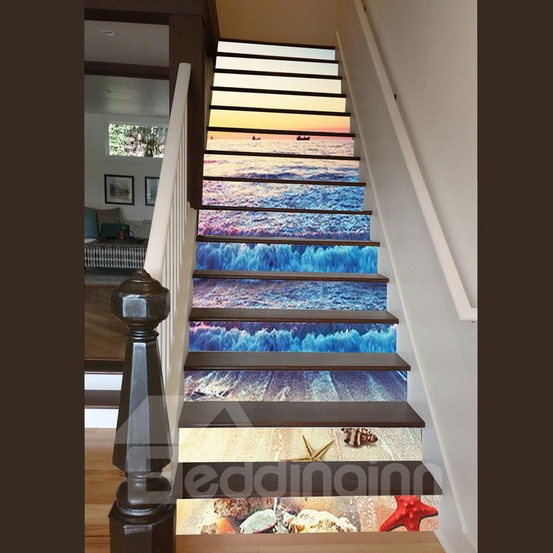 Etiquetas engomadas impermeables de la escalera/de la pared de la puesta del sol y de la onda del mar 3D