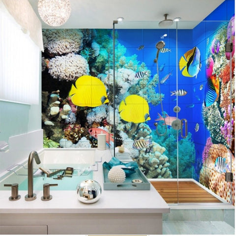 Murales de pared de baño 3D impermeables con estampado de peces hermosos e increíbles en coral