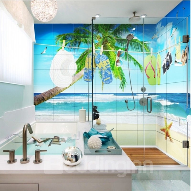 Murales de pared de baño 3D impermeables con diseño de patrón de paisaje costero único