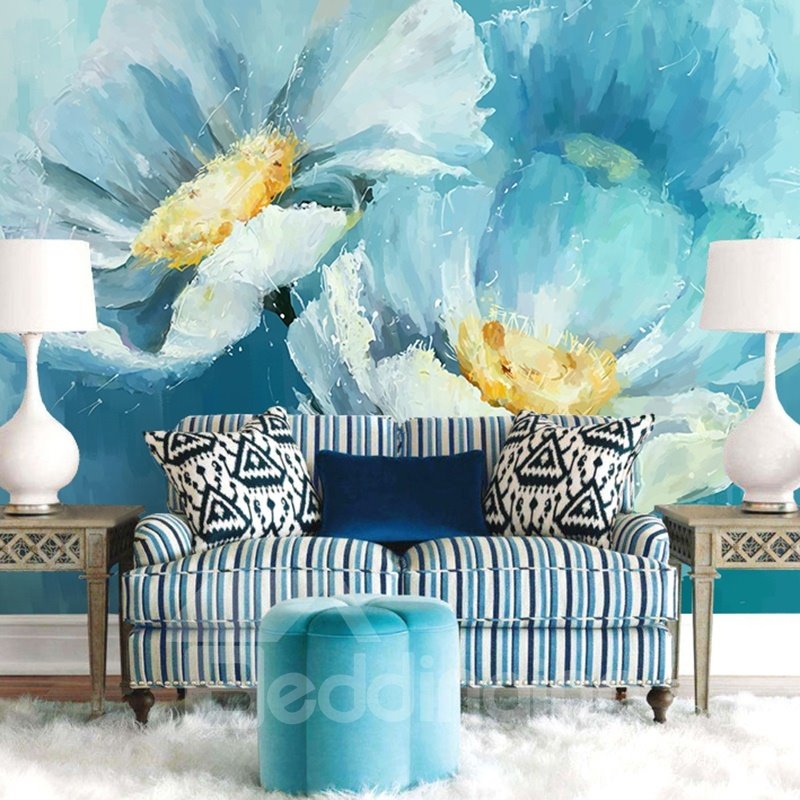 Murales de pared 3D con empalme impermeable y patrón de flores de estilo elegante azul