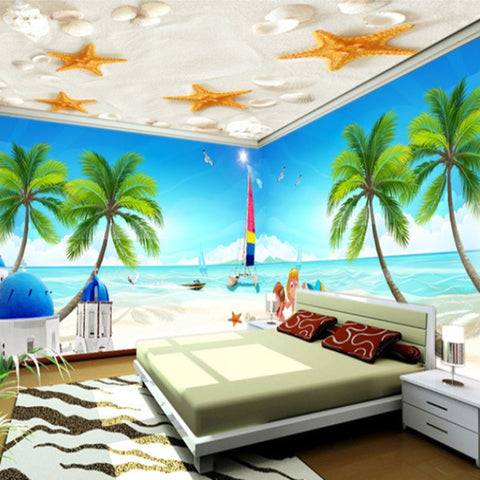 Impresiones de estrellas de mar naturales, murales de techo de playa de arena y murales de pared 3D con paisajes costeros de palmeras