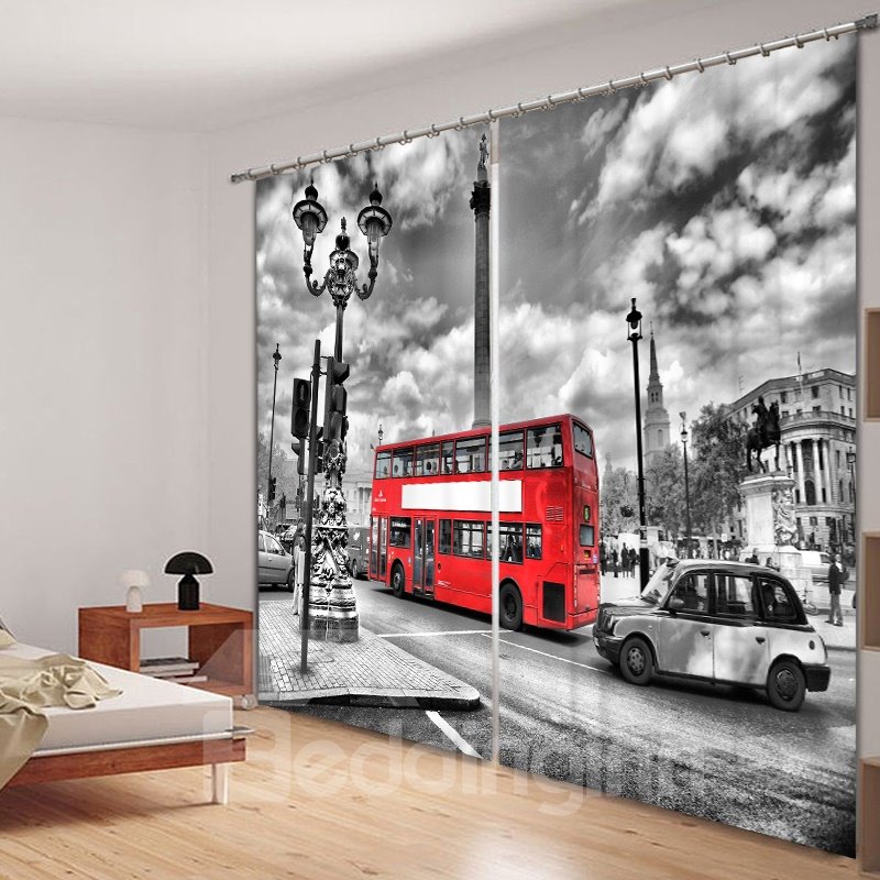 Retro and British Style Red Bus and Buildings 3D Printed Polyester Living Room Decorative Curtain
