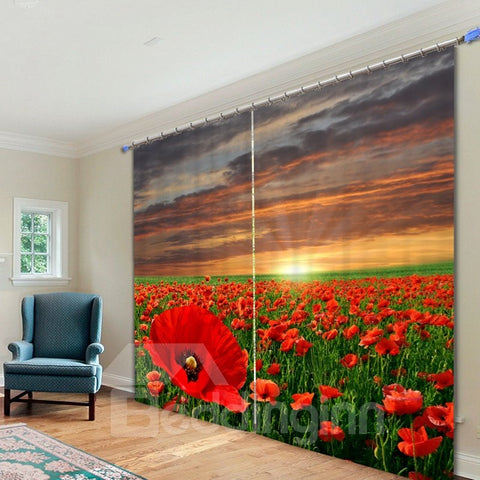 Beautiful Red Flower Sea 3D Printed Polyester Curtain