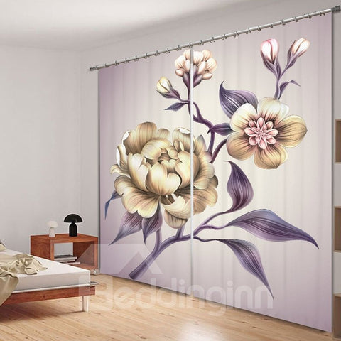 Hand Painted Peony 3D Printing Polyester Curtain
