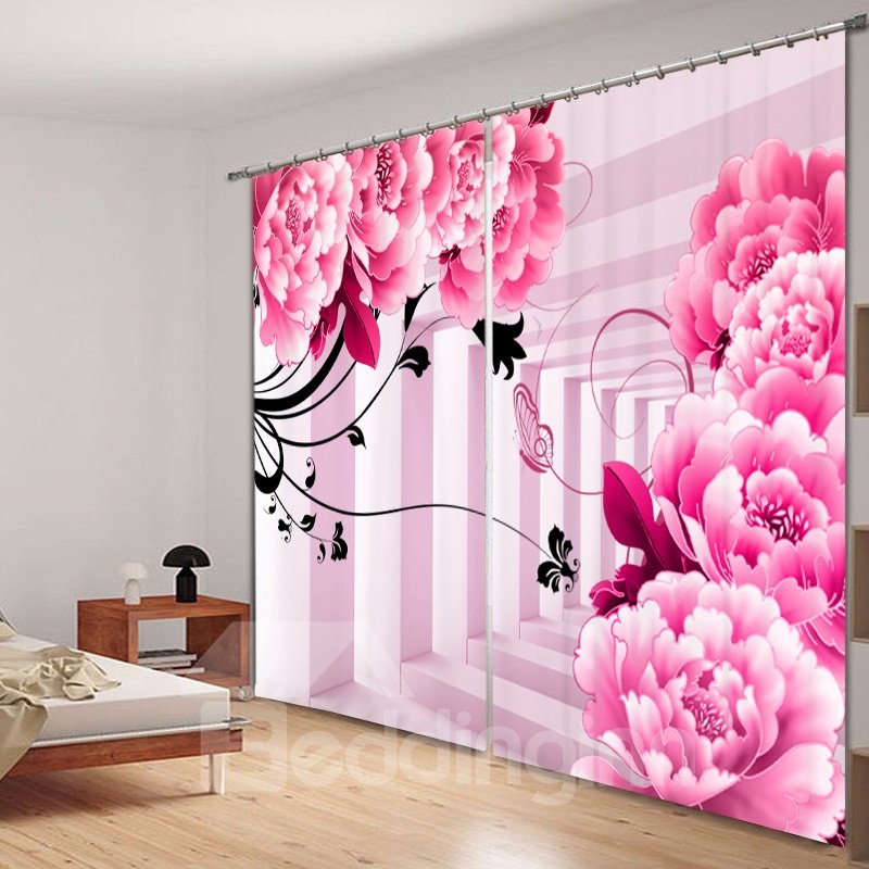 Linda cortina de poliéster con impresión 3D de peonía rosa y mariposa