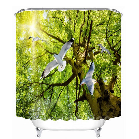 White Pigeons Flying from Tree 3D Printed Bathroom Waterproof Shower Curtain