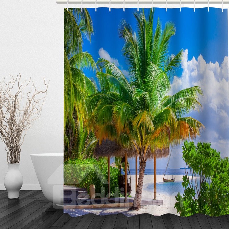 Green Coconut Tree 3D Printed Bathroom Waterproof Shower Curtain