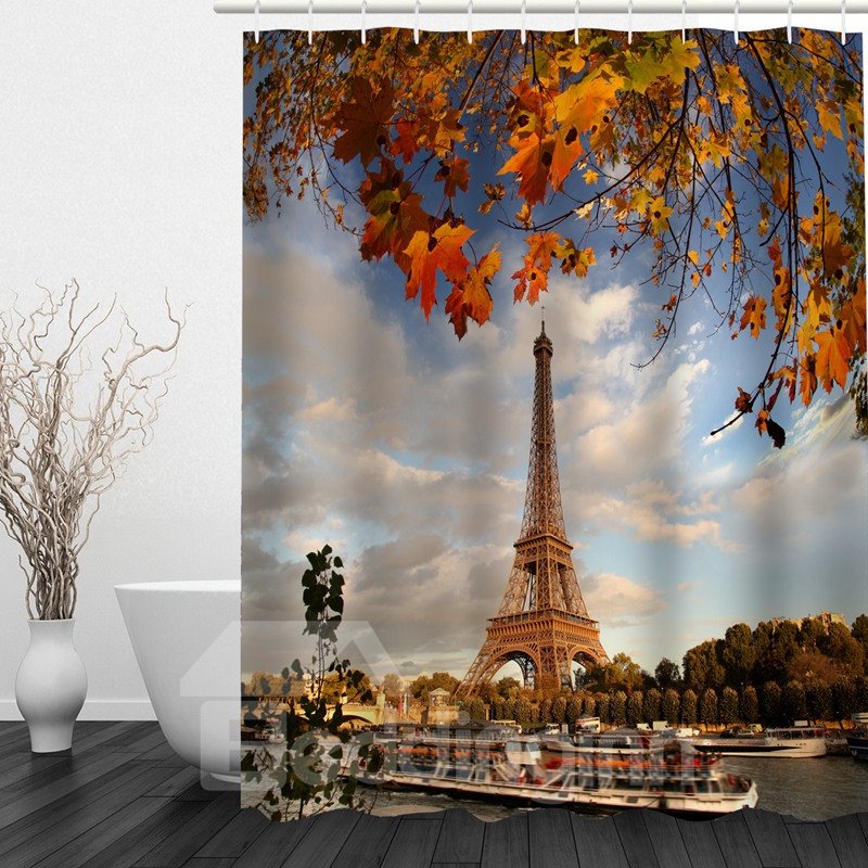 Cortina de ducha de baño impresa con Torre Eiffel en otoño 3D