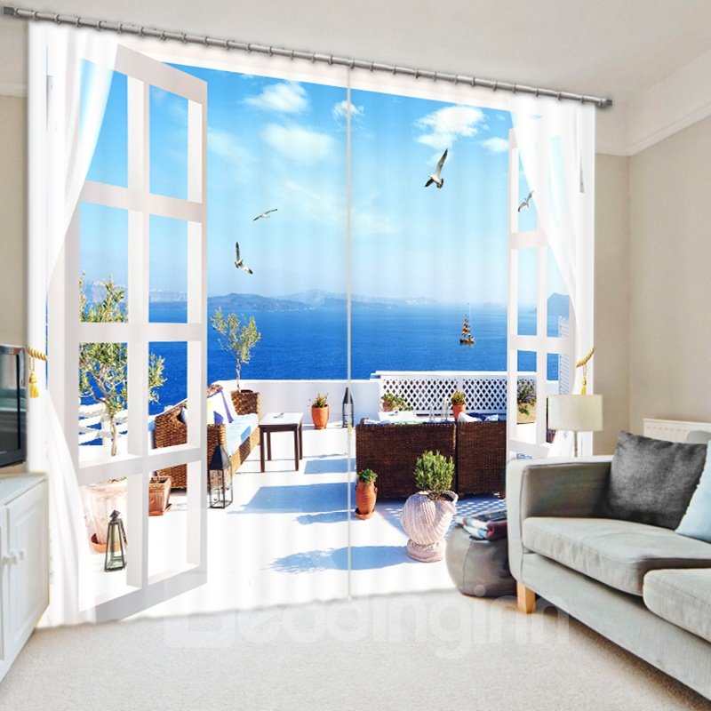 Wonderful Seaside Balcony Scenery 3D Printed Polyester Curtain