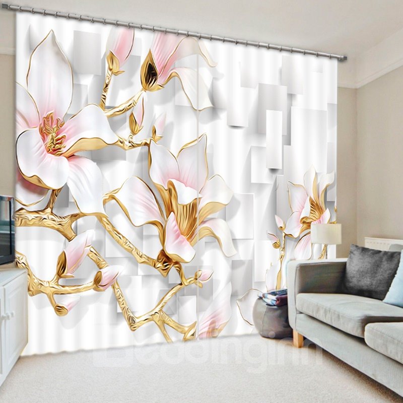 Exquisiter Relief-Magnolien-Vorhang aus 3D-bedrucktem Polyester