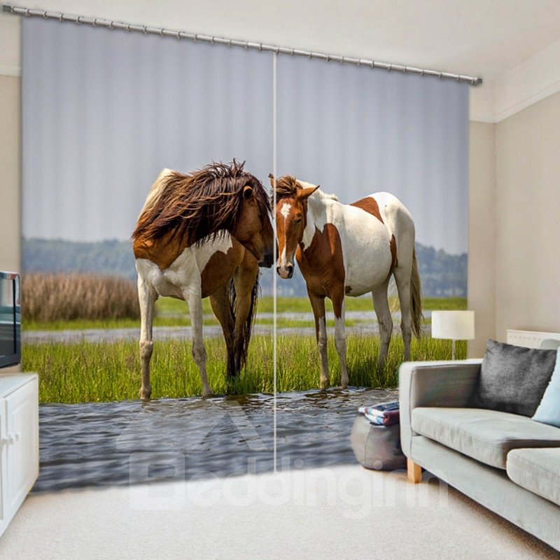 Pareja de caballos de pie en el río 2 piezas decoración de ventana cortina sombreada