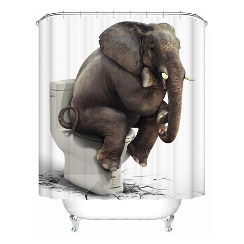 Cortina de ducha de baño de poliéster impresa con elefante en el inodoro a prueba de moho 3D