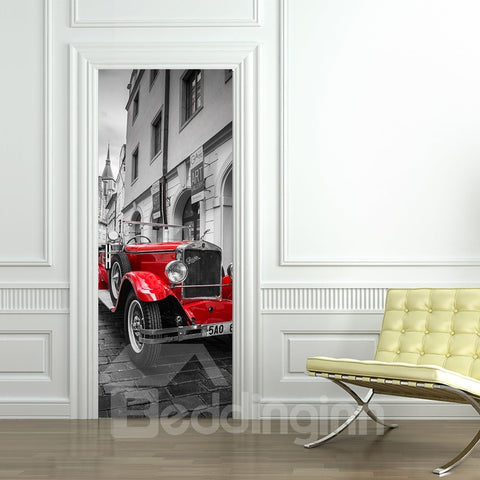 30×79in Red Car and City PVC Environmental and Waterproof 3D Door Mural