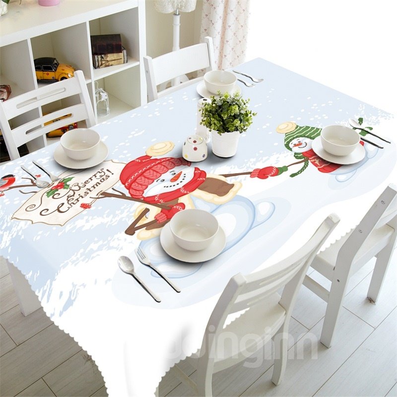 Tischdecke mit 3D-Motiv, Motiv Schneemann, Vater und Kind, bedruckt, Winterlandschaft