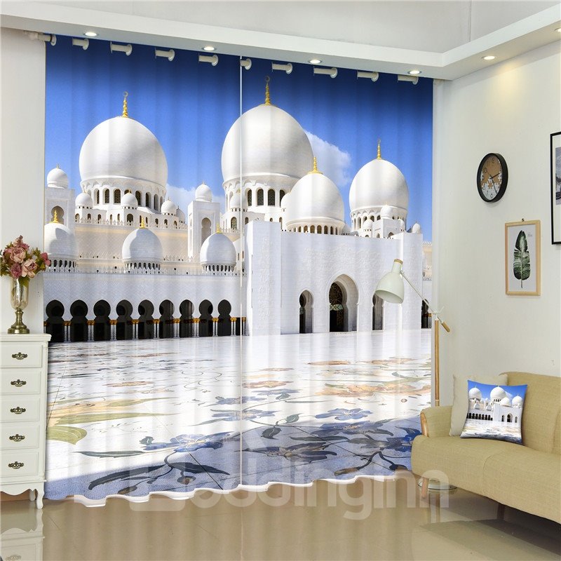 Cortina personalizada de 2 paneles con paisaje de edificio impreso en 3D de la Mezquita Zayed de los Emiratos Árabes Unidos