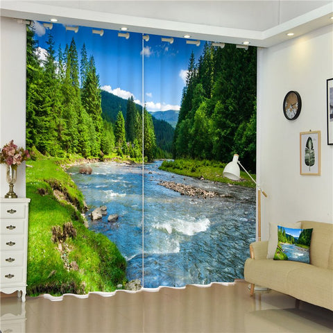 Cortina de sala de estar personalizada decorativa 3D de poliéster grueso con bosque espeso río que fluye