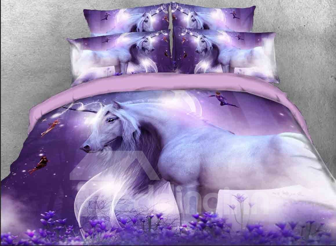 Juego de funda nórdica/juego de cama de 4 piezas con estampado 3D de unicornio púrpura, sin deformación, sin decoloración 
