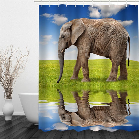 Wasserdichter, antibakterieller und umweltfreundlicher Duschvorhang mit 3D-Motiv „Laufender Elefant am See“. Polyester