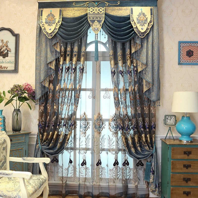 Wonderful Navy Blue Hollowed-out Pattern Noble Style 2 Pieces Living Room and Bedroom Curtain