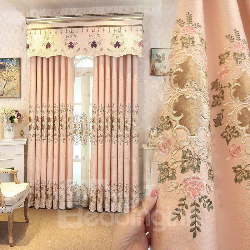 Romantic and Sweet Pink Color with Embroidered Flowers 2 Panels Living Room Sheer Curtain