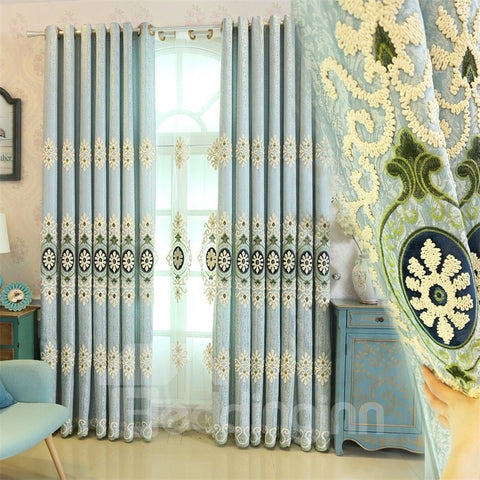 Hellblaue, hochwertige Chenille-Vorhänge, 2 Stück, dekorative und atmungsaktive Wohnzimmervorhänge