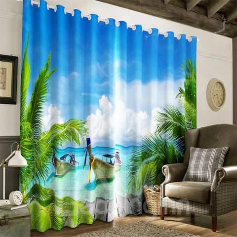 3D Wooden Boats and Blue Sky with Clean Water Printed 2 Panels Grommet Top Curtain