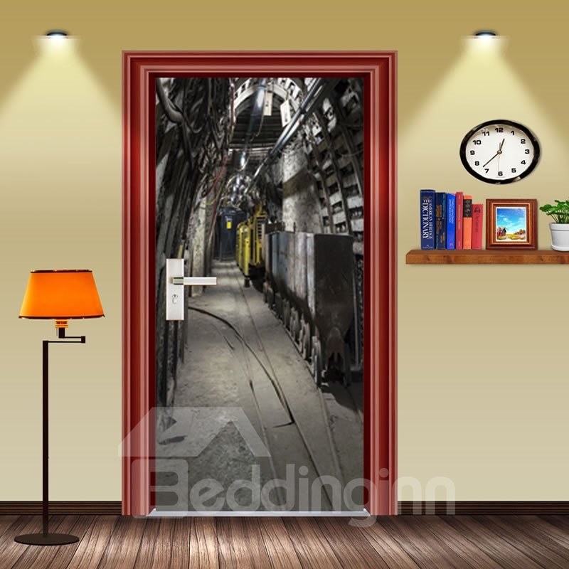 30×79in Gray Mechanical House PVC Environmental Waterproof Self-Adhesive 3D Door Mural
