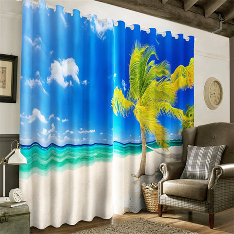 Hermosas palmeras verdes y mar azul impreso paisaje de playa 2 paneles con ojales en la parte superior de la cortina
