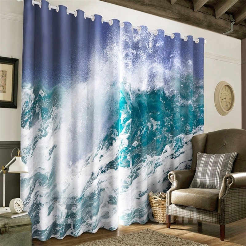 Rolling Seas Printed 2 Panels Decorative and Blackout Custom Living Room 3D Curtain