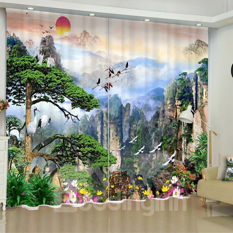 Cortina de sala de estar personalizada decorativa con estampado de montañas empinadas y pinos verdes en 3D