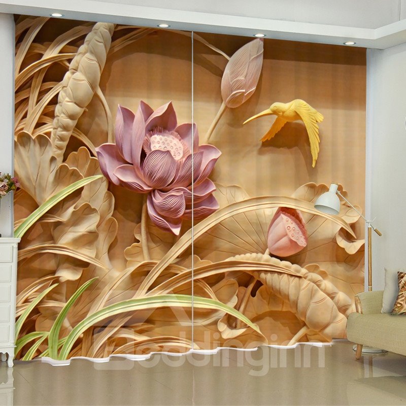 Wohnzimmervorhang aus Polyester mit 3D-Kunstschnitzerei, rosa Lotus und schönem Vogel, bedruckt