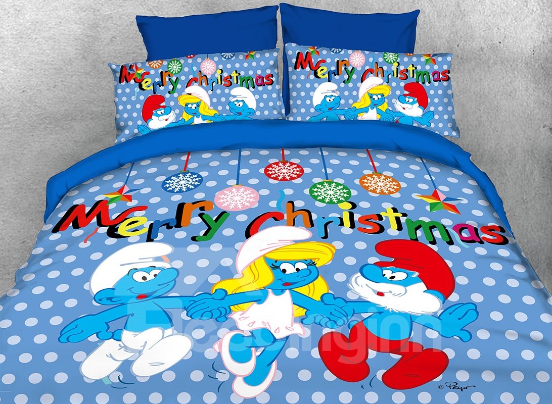 Frohe Weihnachten mit den Schlümpfen, 4-teiliges blaues Bettwäsche-Set/Bettbezüge