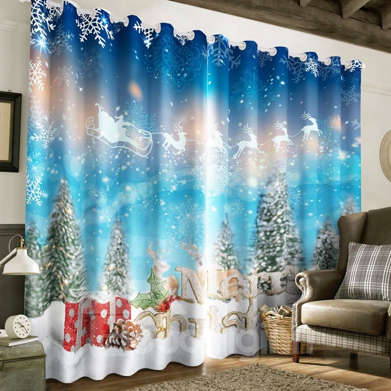 3D Snow Pine Trees and Bright Stars with White Snow Printed 2 Panels Decorative Curtain