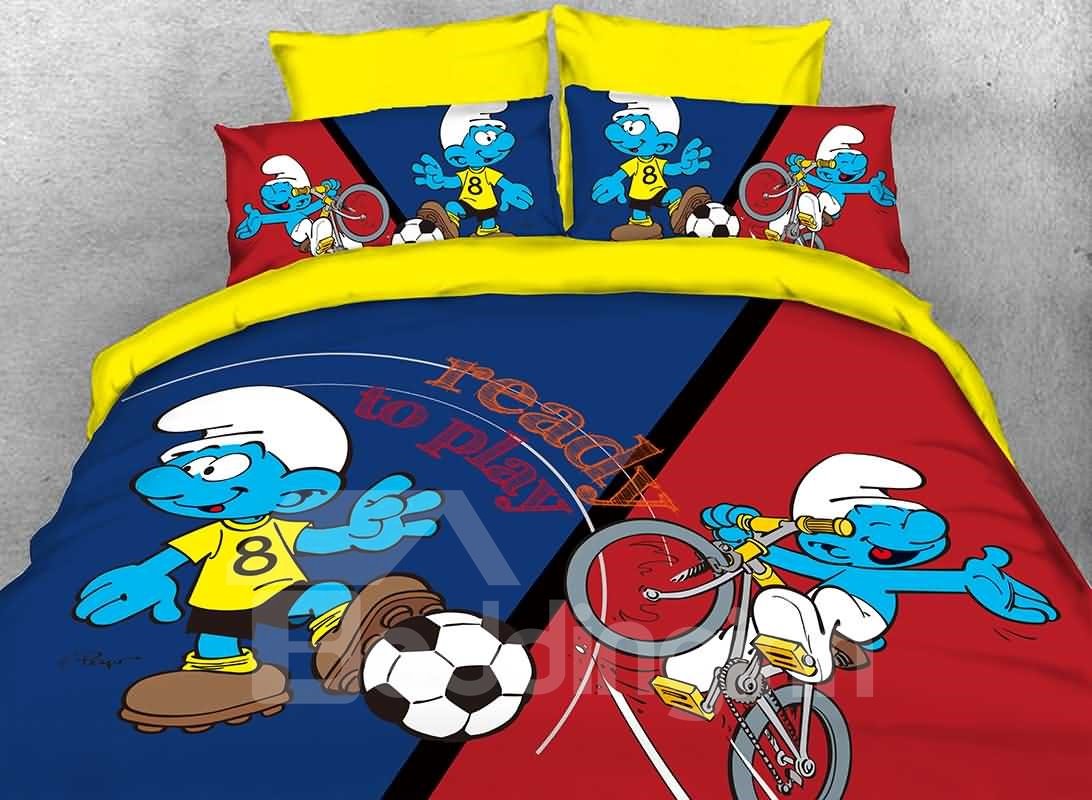 Fußball-Schlumpf und Radfahrer-Schlumpf 4-teilige Bettwäsche-Sets/Bettbezüge