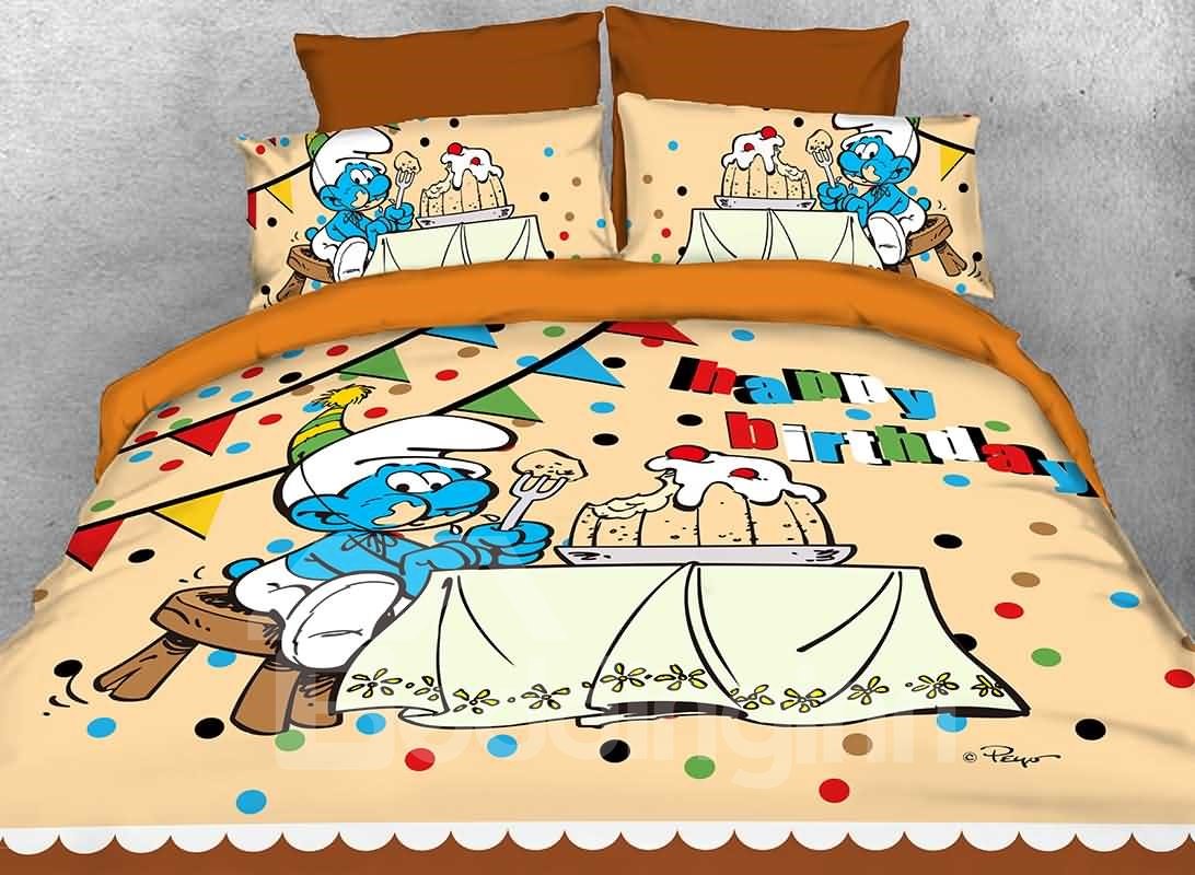 „Happy Birthday Greedy Smurf“ bedruckte 4-teilige Bettwäsche-Sets/Bettbezüge