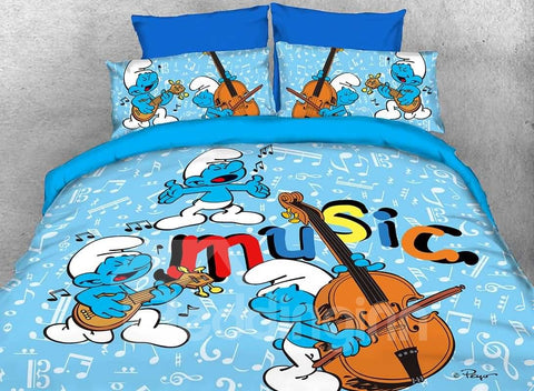 Harmony Smurf Music Concert Bedruckte 4-teilige blaue Bettwäsche-Sets/Bettbezüge
