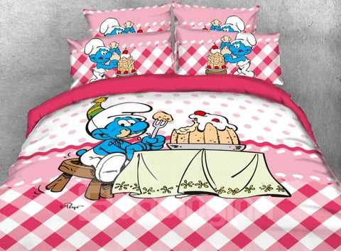Gieriger Schlumpf isst Geburtstagstorte, bedruckte 4-teilige Bettwäsche-Sets/Bettbezüge
