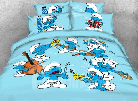 Harmony Schlumpf mit Musiknoten, bedruckte 4-teilige blaue Bettwäsche-Sets/Bettbezüge
