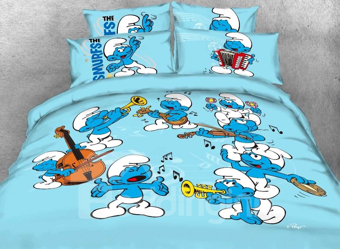 Harmony Schlumpf mit Musiknoten, bedruckte 4-teilige blaue Bettwäsche-Sets/Bettbezüge