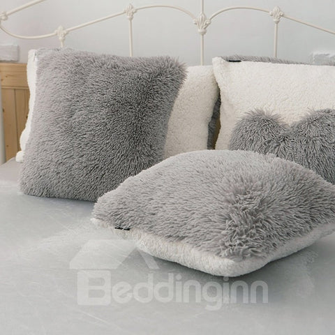 Square Fluffy Throw Pillow 1-Piece Grey Plush Pillow Fleece Sofa Cushion for Living Room Sweet Home Decor