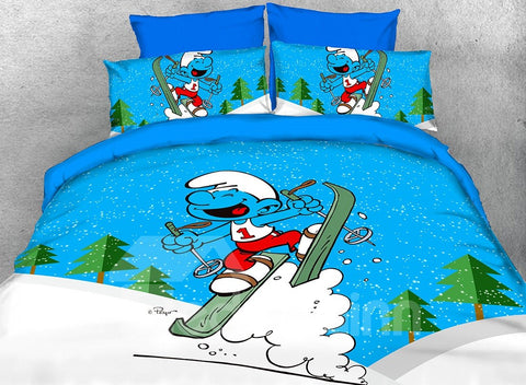 Laughing Smurf Skier Twin 3-Piece Kids Bedding Sets/Duvet Covers