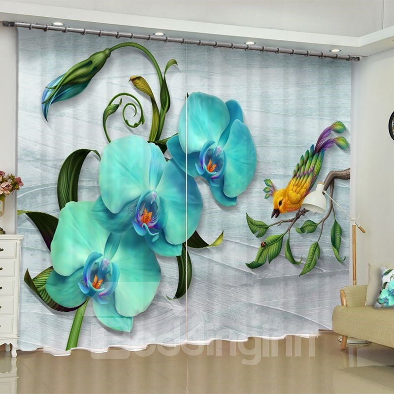 3D-Vorhang mit wundervoller Phalaenopsis und schönem Vogel, bedruckt, individueller Polyester-Vorhang mit Ösen oben