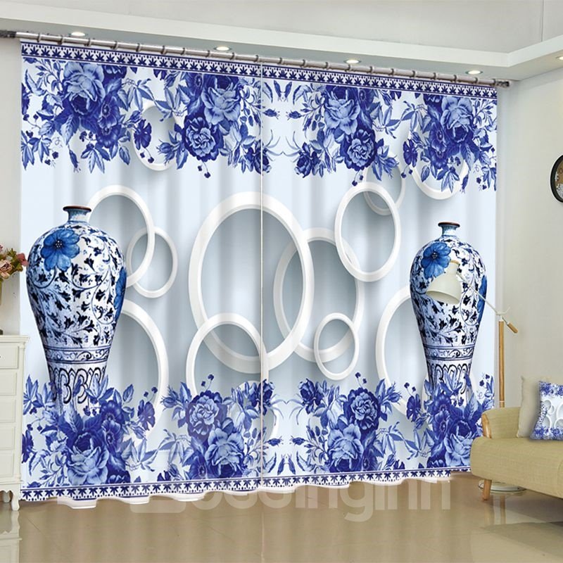 Vorhänge mit 3D-Blumendruck, elegantes blaues und weißes Porzellan, bedruckt, 2 Bahnen, individueller Schlafzimmer-Fenstervorhang