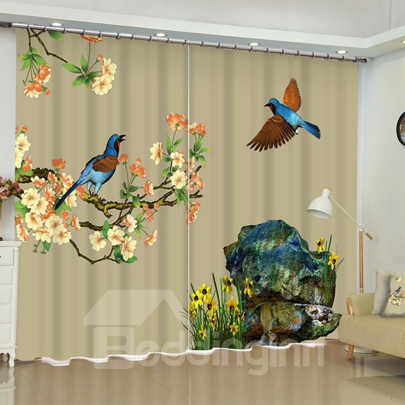 3D Outstanding Oil Painting Birds on the Branches Printed 2 Panels Living Room Curtain