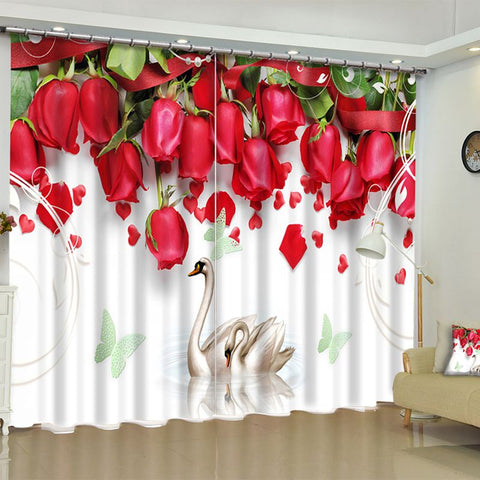 Cortina de sala de estar personalizada de poliéster con estampado de rosas rojas románticas en 3D, 2 paneles
