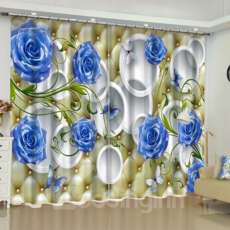 3D Blue Roses and White Circles Printed 2 Panels Custom Living Room Curtain