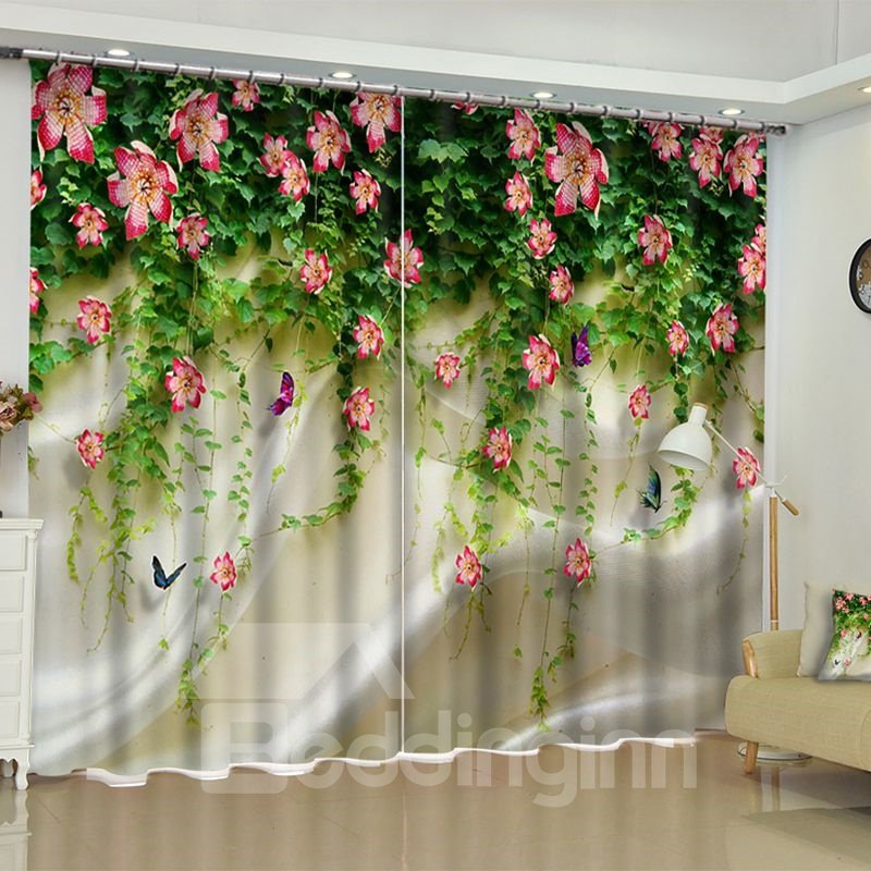 Cortina personalizada de 2 paneles con estampado de flores frescas en 3D y ramas verdes al revés