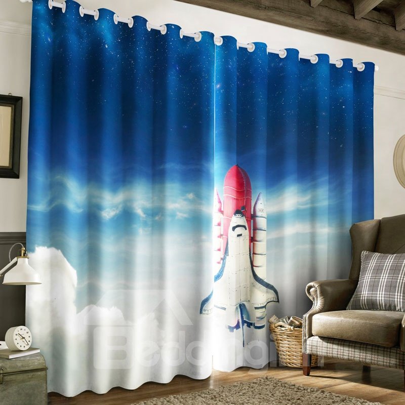 3D Rocket Flying in the Blue Sky Printed 2 Pieces Custom Curtain for Living Room