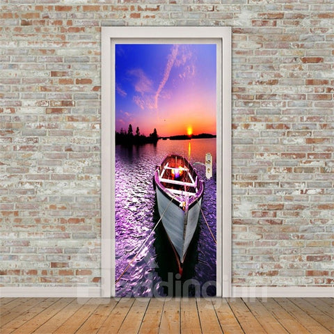30 x 79 Zoll großes, umweltfreundliches und wasserdichtes 3D-Türwandbild „Sonnenuntergangsboot“ aus PVC
